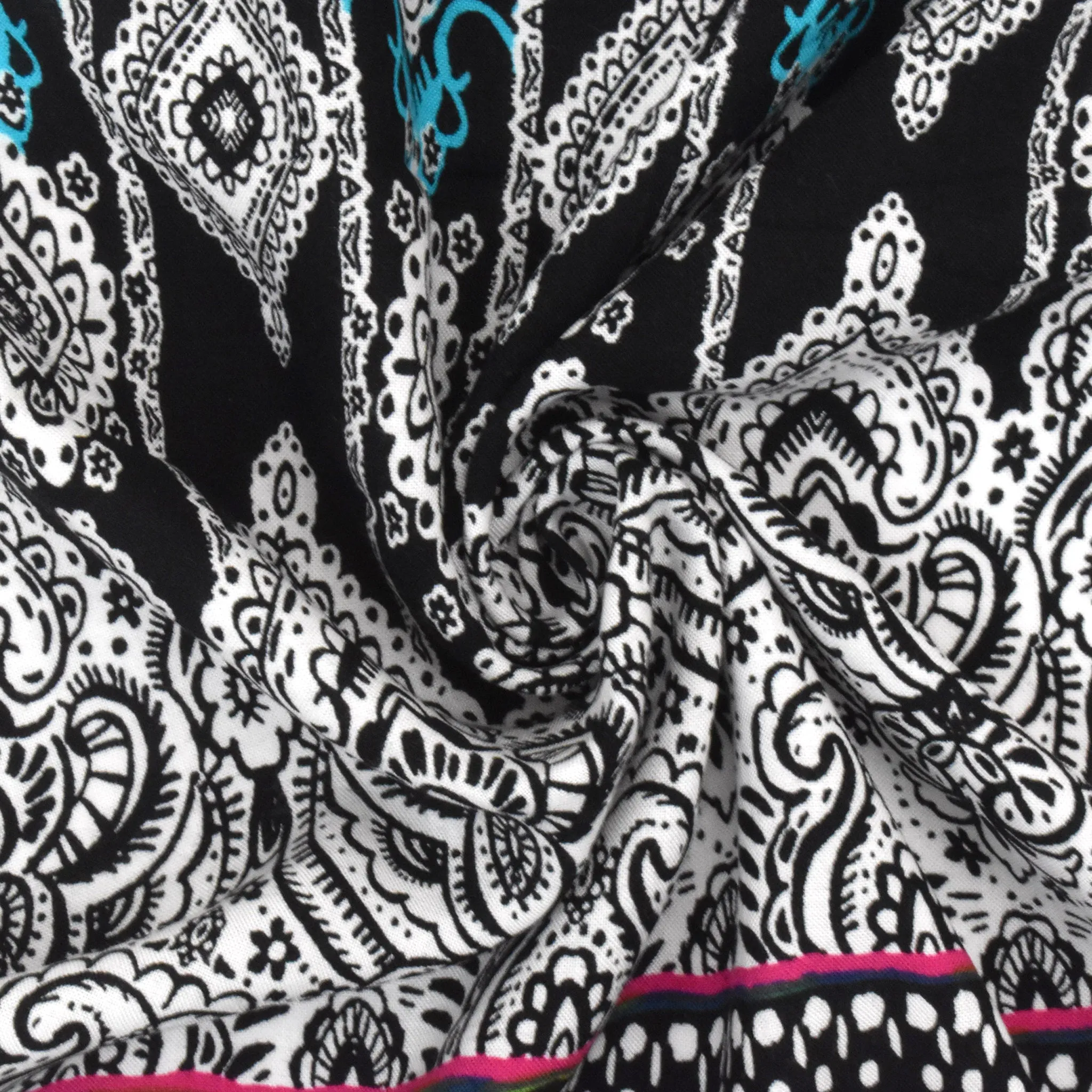 1 1/2 YD PC-Black-Aqua-Multi Floral Border Printed Cotton Batiste Fabric