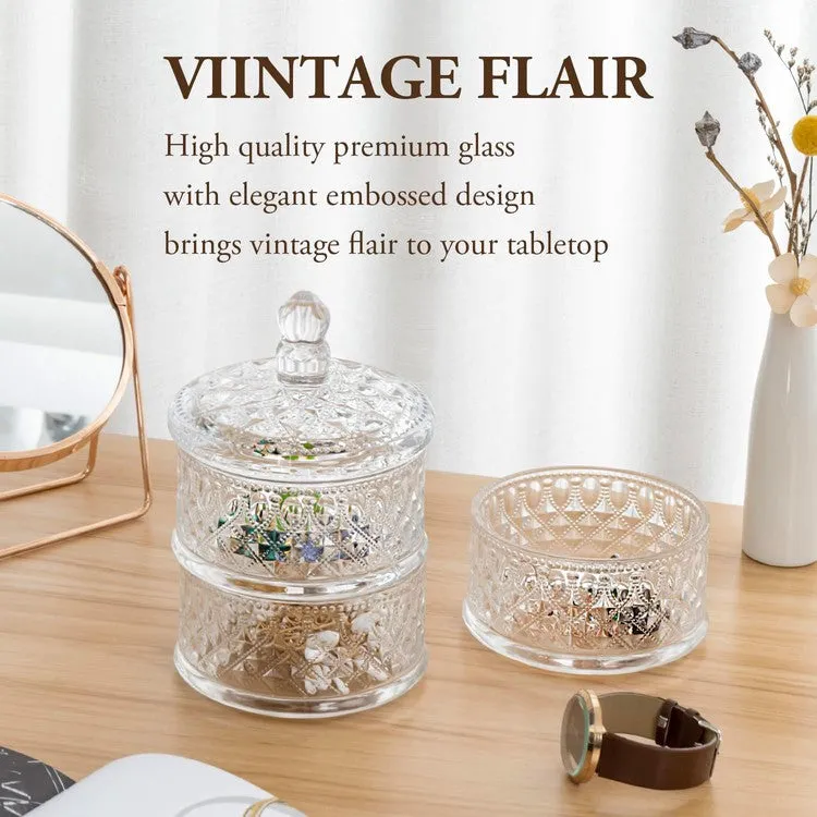 3 Tier Vintage Embossed Diamond Cut Pattern Clear Glass Stacking Storage Container, Candy Dish