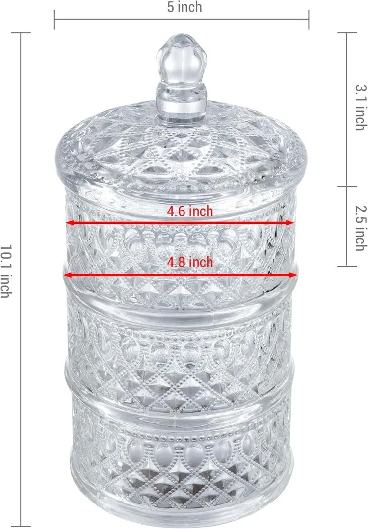 3 Tier Vintage Embossed Diamond Cut Pattern Clear Glass Stacking Storage Container, Candy Dish