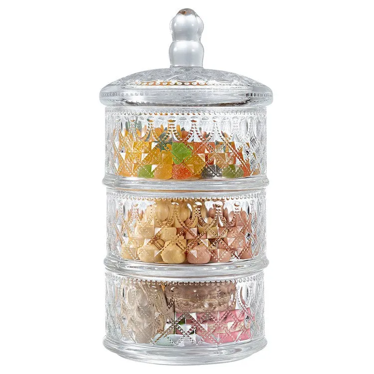 3 Tier Vintage Embossed Diamond Cut Pattern Clear Glass Stacking Storage Container, Candy Dish