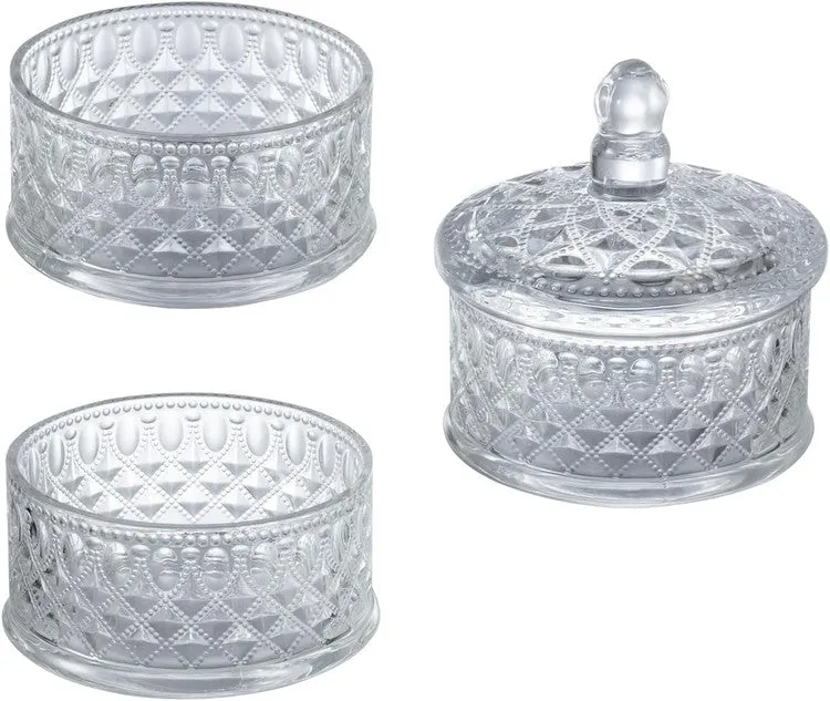 3 Tier Vintage Embossed Diamond Cut Pattern Clear Glass Stacking Storage Container, Candy Dish