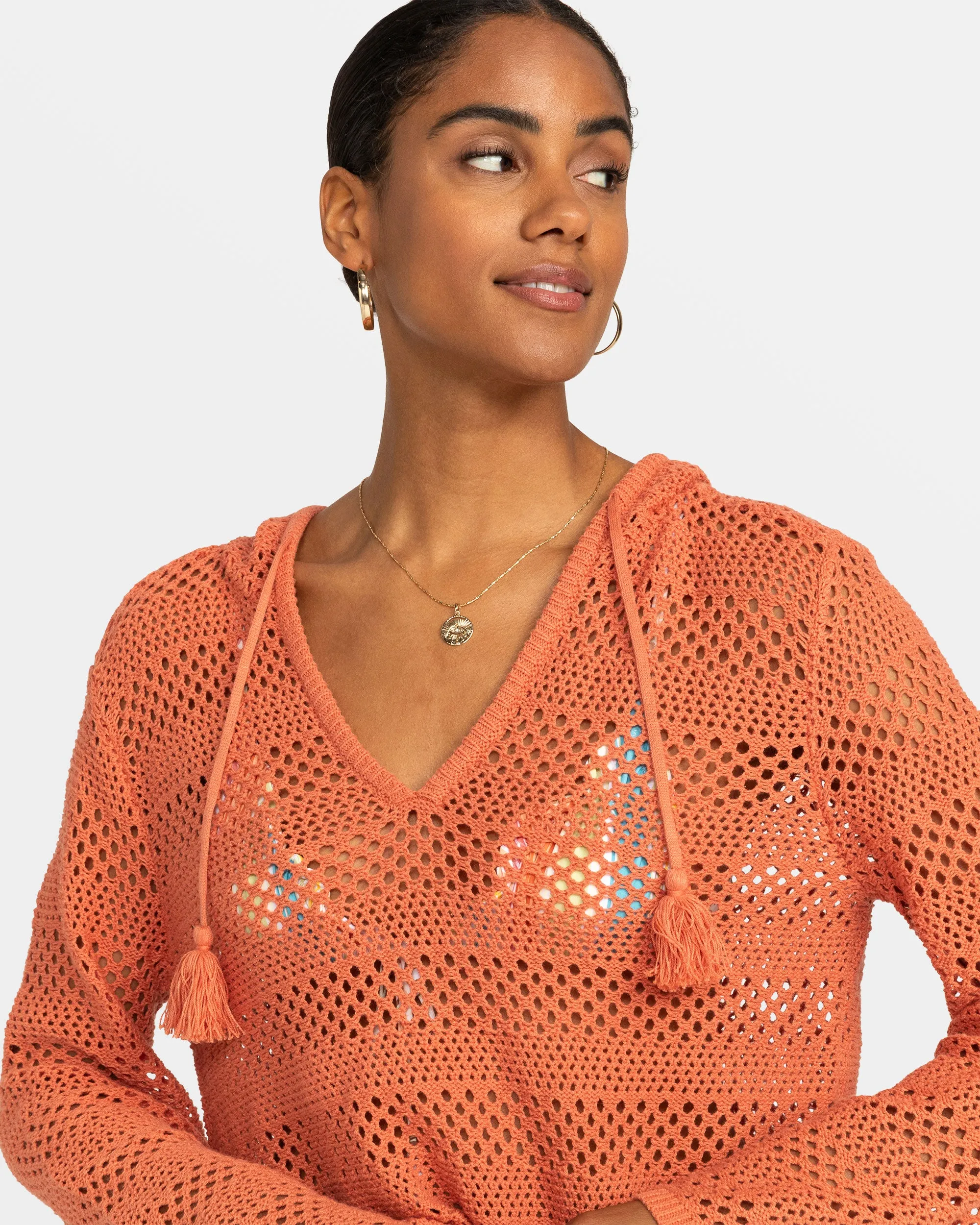 After Beach Break Hooded Poncho Sweater - Apricot Brandy