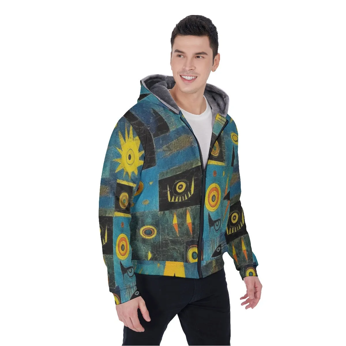 All-Over Print Men's Sherpa Fleece Zip Up Hoodie, blue and yellow abstract, print, #25QQ