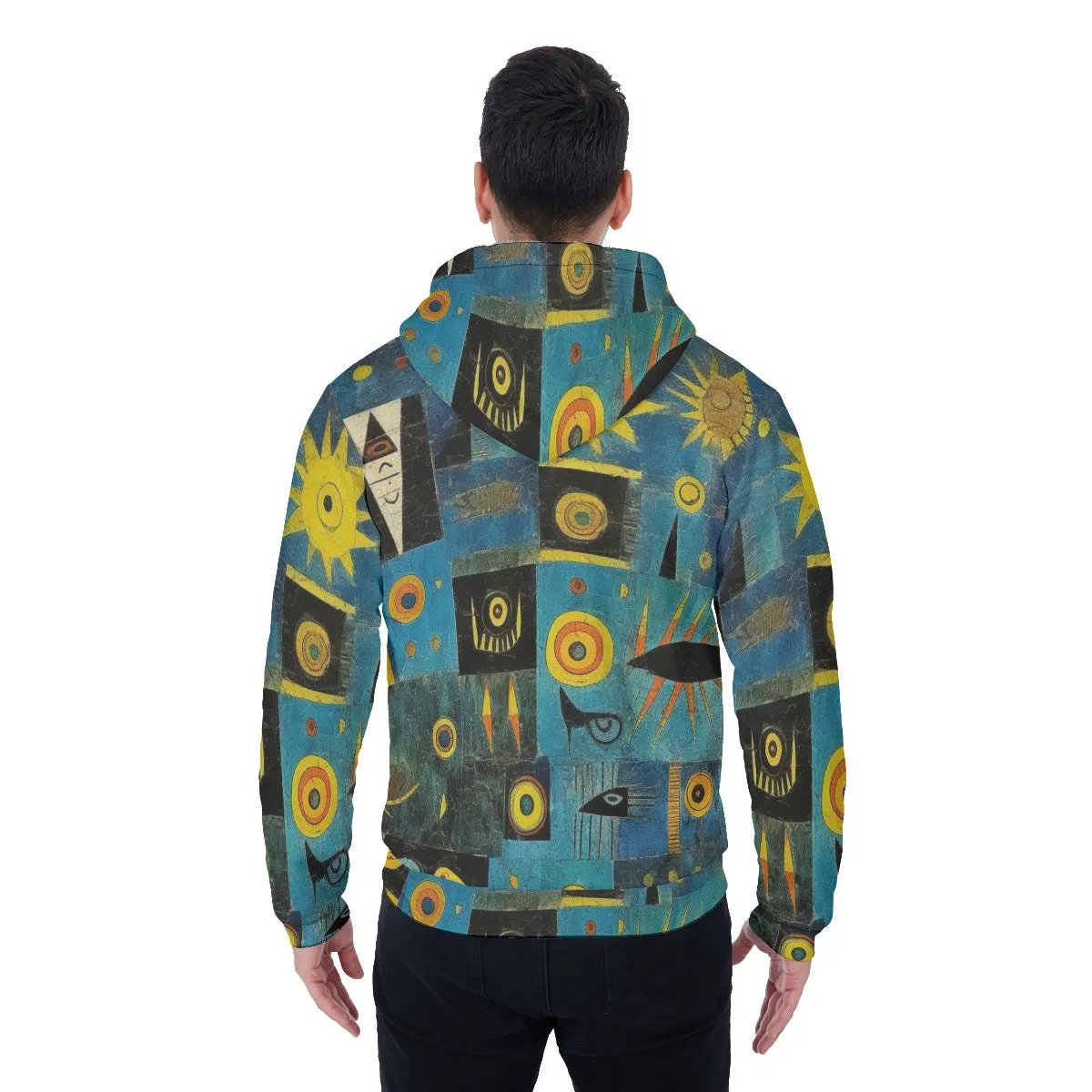 All-Over Print Men's Sherpa Fleece Zip Up Hoodie, blue and yellow abstract, print, #25QQ