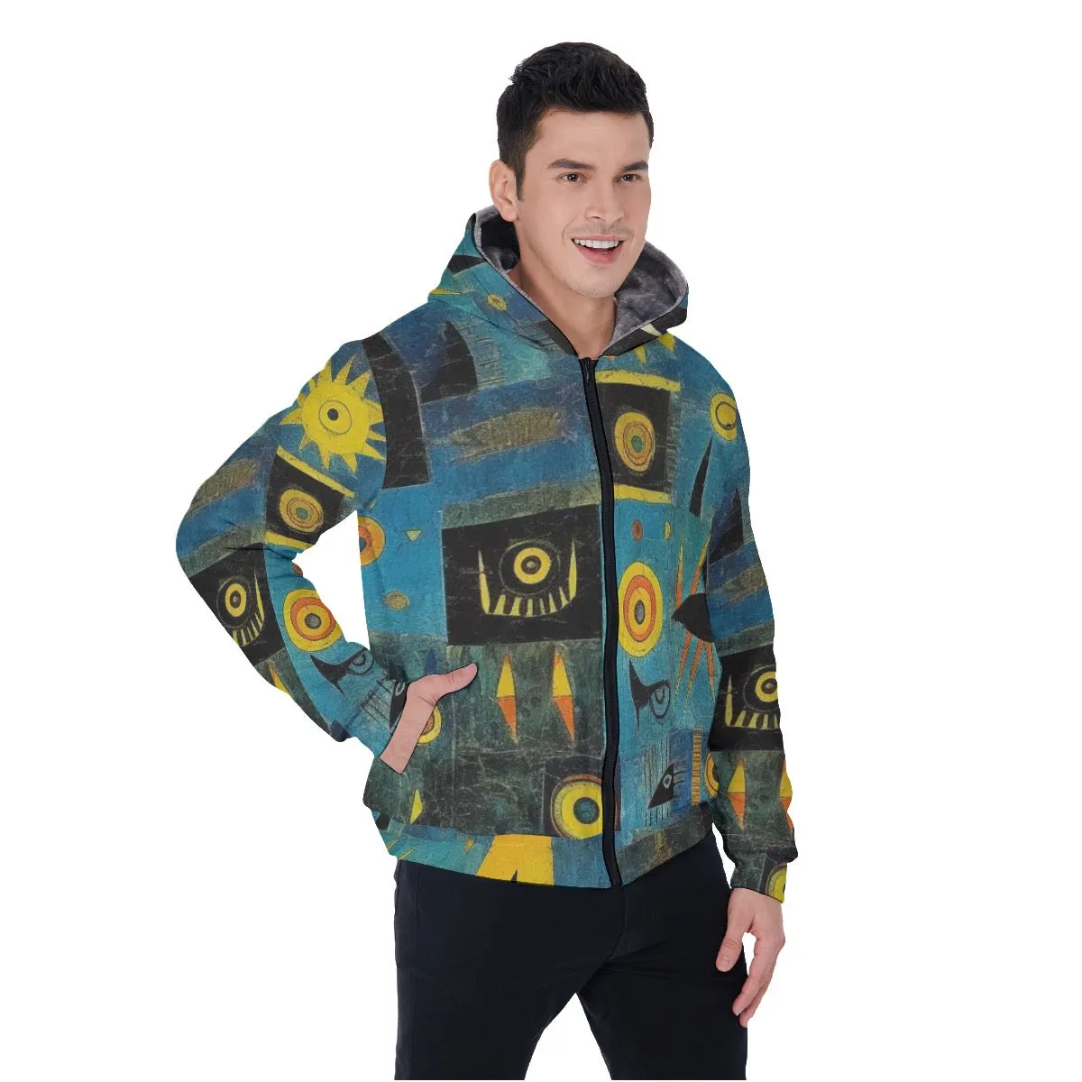 All-Over Print Men's Sherpa Fleece Zip Up Hoodie, blue and yellow abstract, print, #25QQ