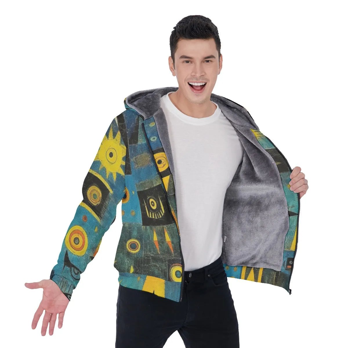 All-Over Print Men's Sherpa Fleece Zip Up Hoodie, blue and yellow abstract, print, #25QQ