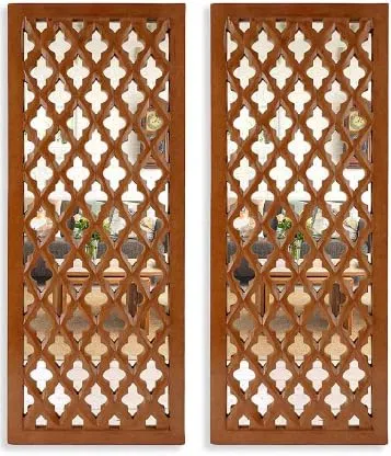 ANTIQUE DECORS Rectangular Decorative Hand Crafted Wooden Wall Mount Mirror Panel for Living Room | Modern Wall Panels | Wall Décor, 30 x 12 inch, Brown (Pack of 2)