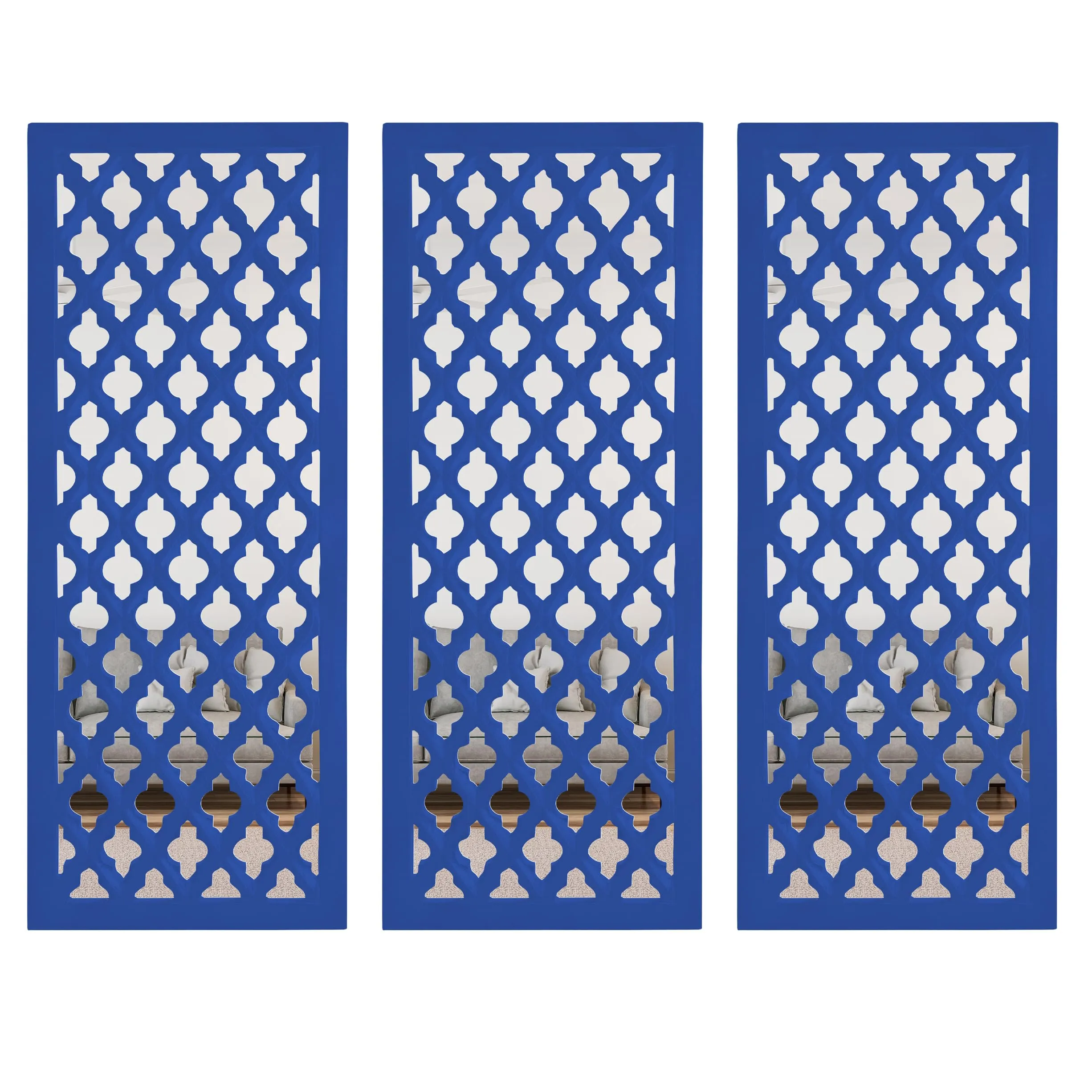 ANTIQUE HOUSE IN Wall Mirror Decor Panel Wooden Hanging Jharokha Rectangular Wall Decor Frame for Living Room, Bed Room [30 x 12 Inch, Blue-Pack of 3]