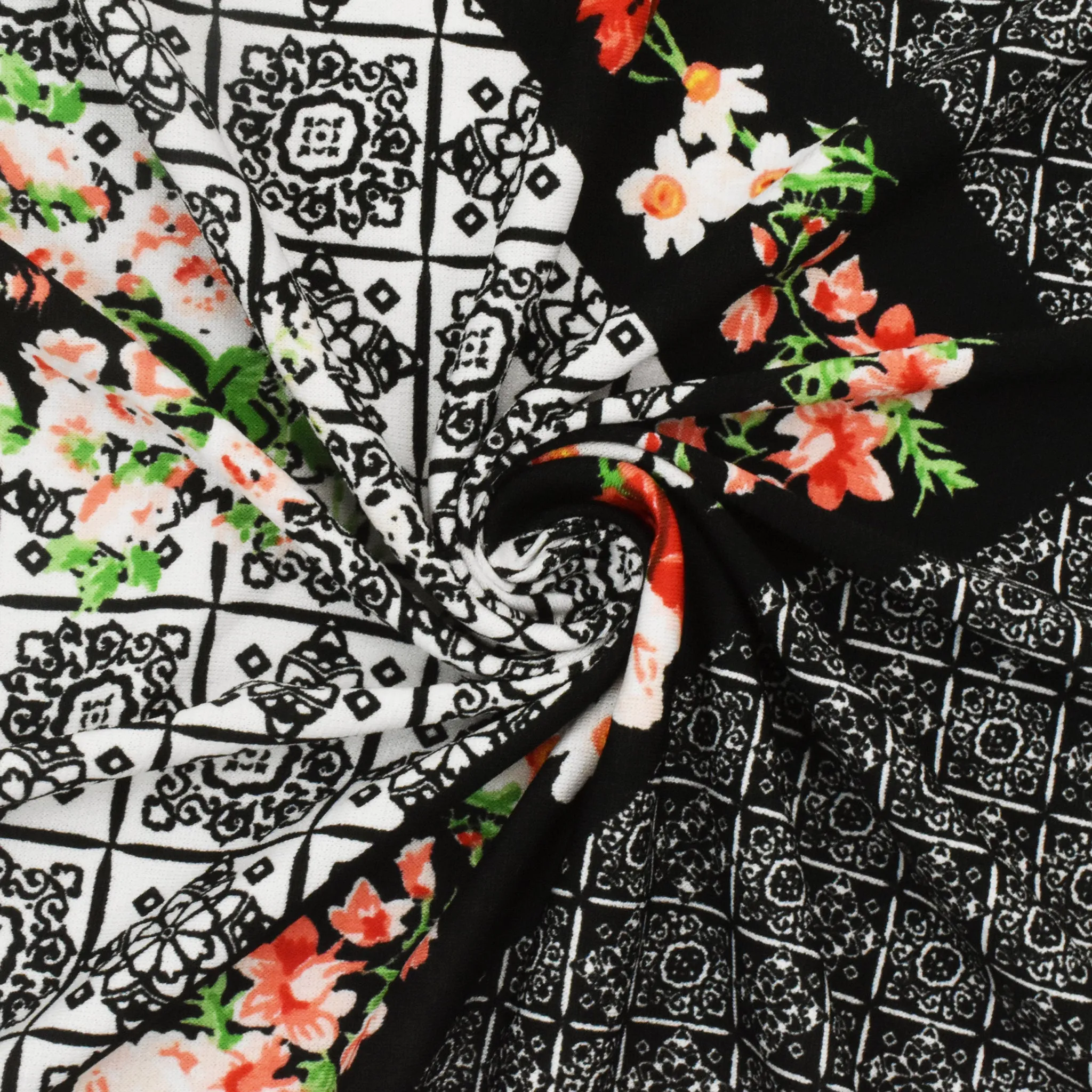 Black-Red-Multi Border Floral Printed Stretch ITY Jersey Knit Fabric