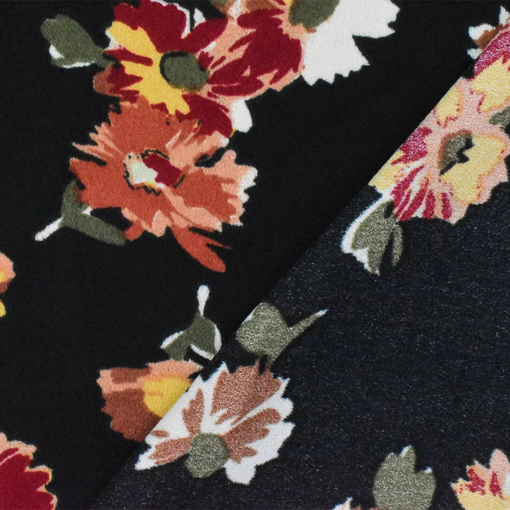 Black-Red-Multi Floral Printed Poly Momie Woven Fabric