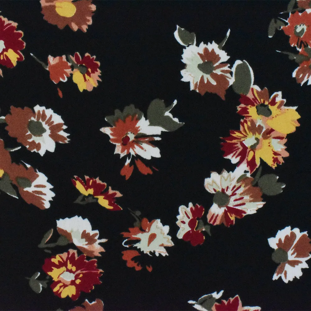 Black-Red-Multi Floral Printed Poly Momie Woven Fabric