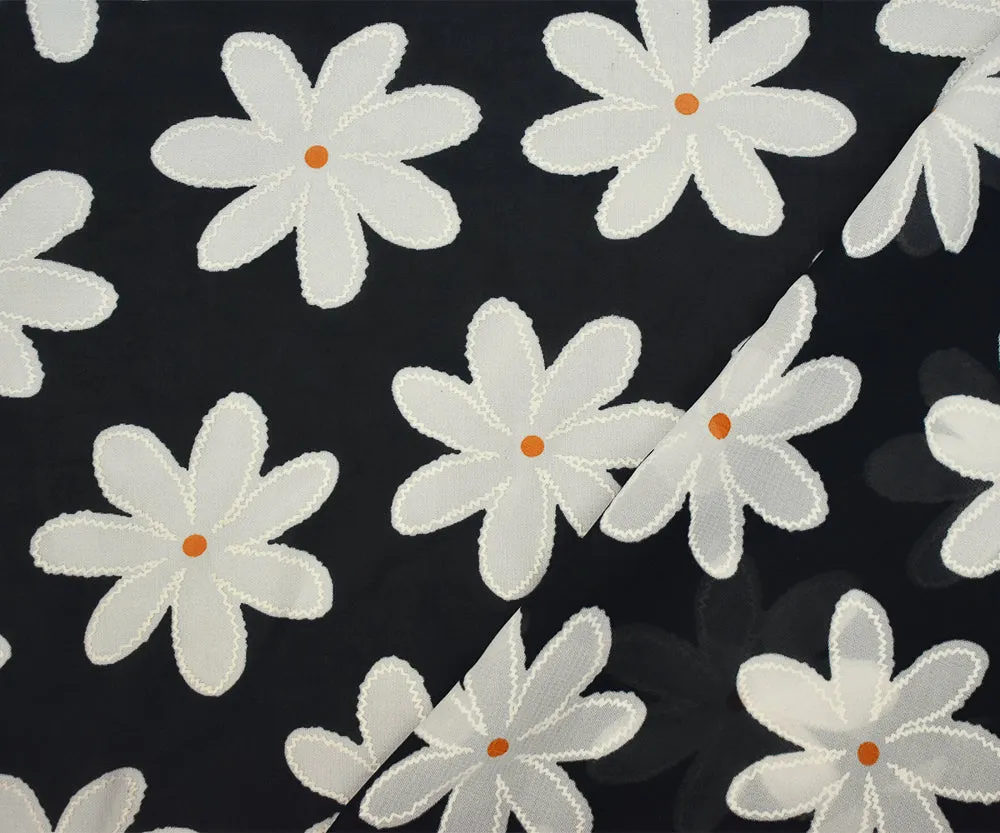 Black-White-Yellow Floral Texture Printed Chiffon Woven Fabric