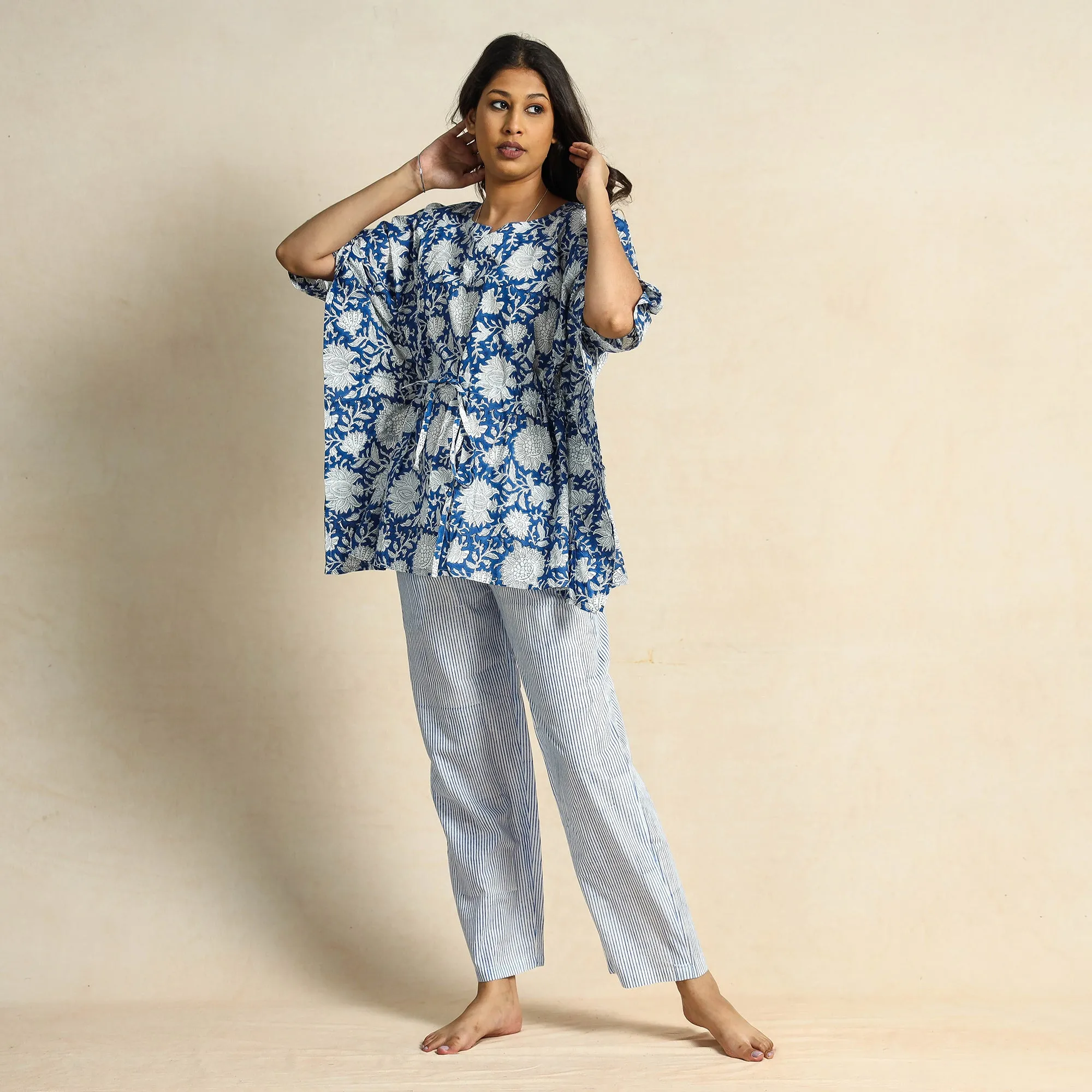 Blue - Hand Block Printed Cotton Kaftan & Pyjama Night Suit Set