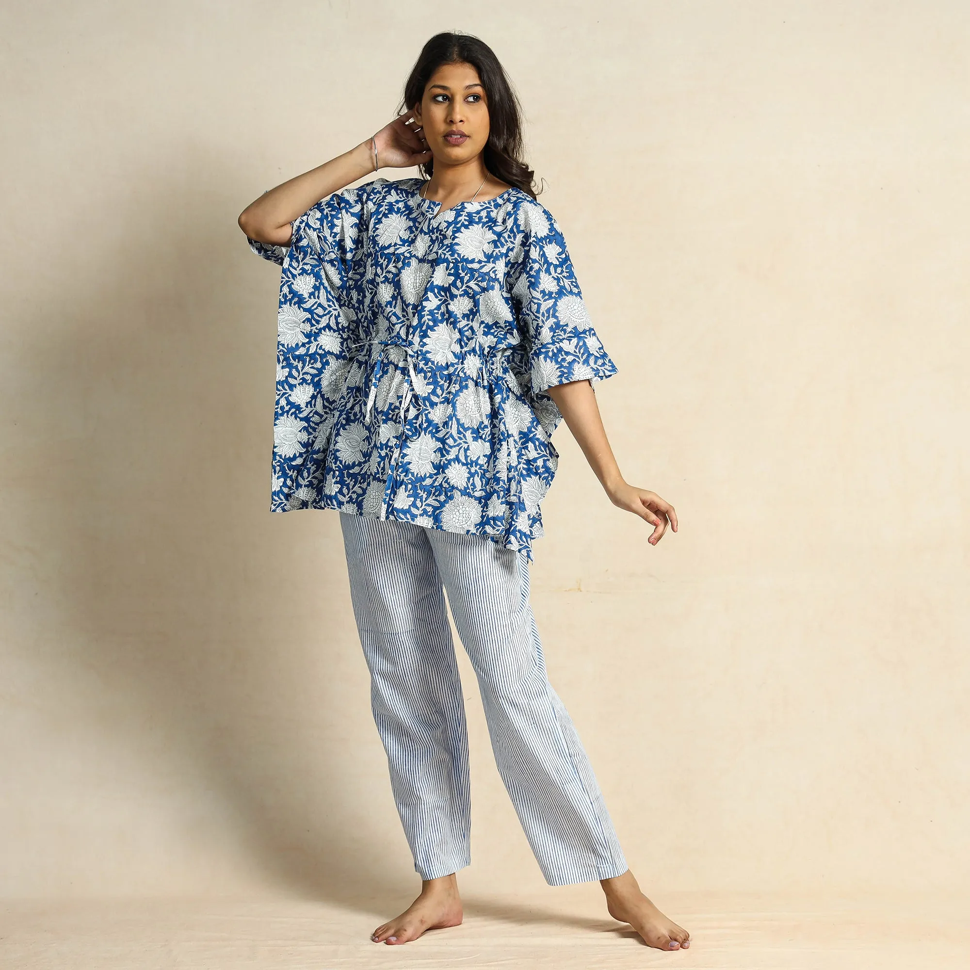 Blue - Hand Block Printed Cotton Kaftan & Pyjama Night Suit Set