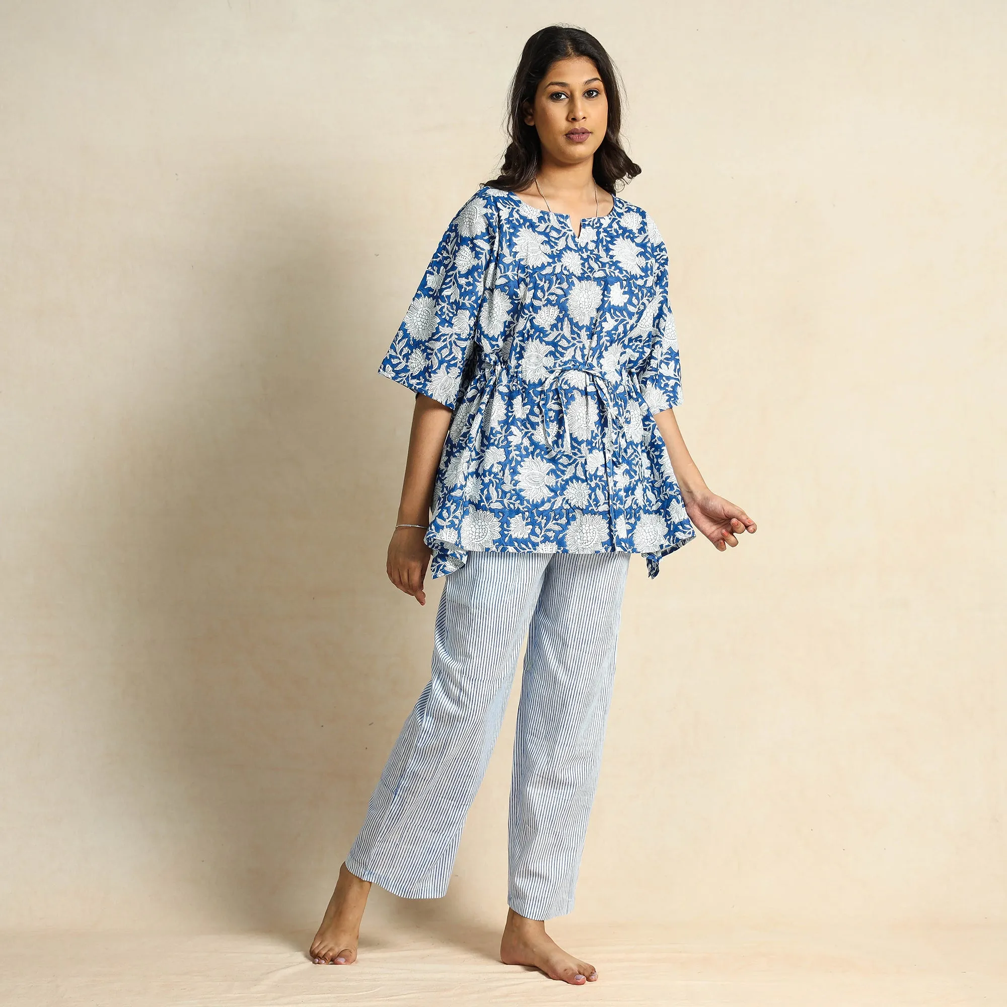 Blue - Hand Block Printed Cotton Kaftan & Pyjama Night Suit Set