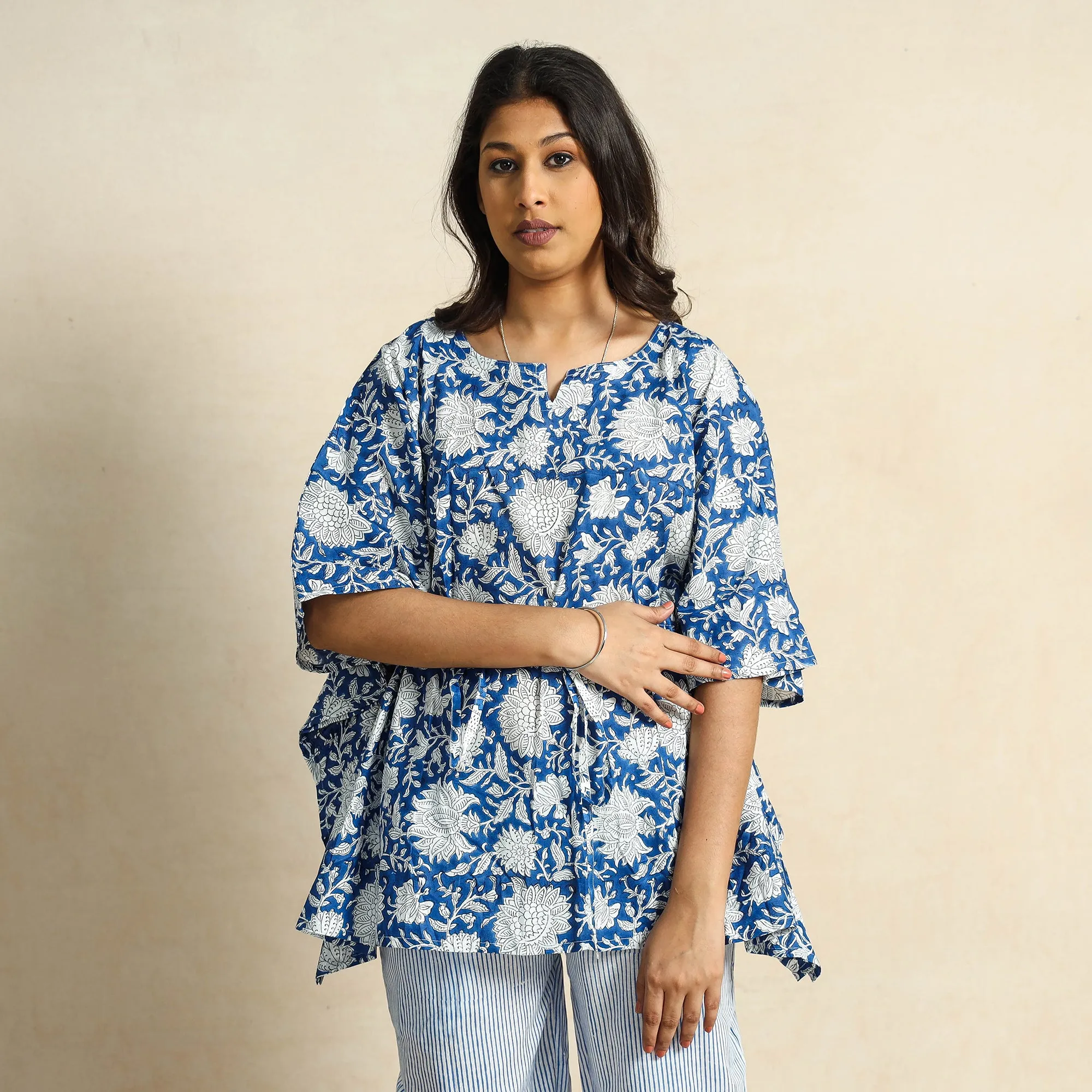 Blue - Hand Block Printed Cotton Kaftan & Pyjama Night Suit Set