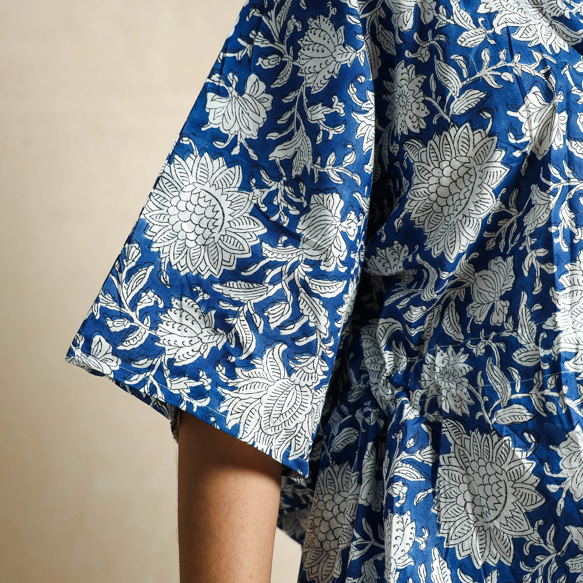 Blue - Hand Block Printed Cotton Kaftan & Pyjama Night Suit Set