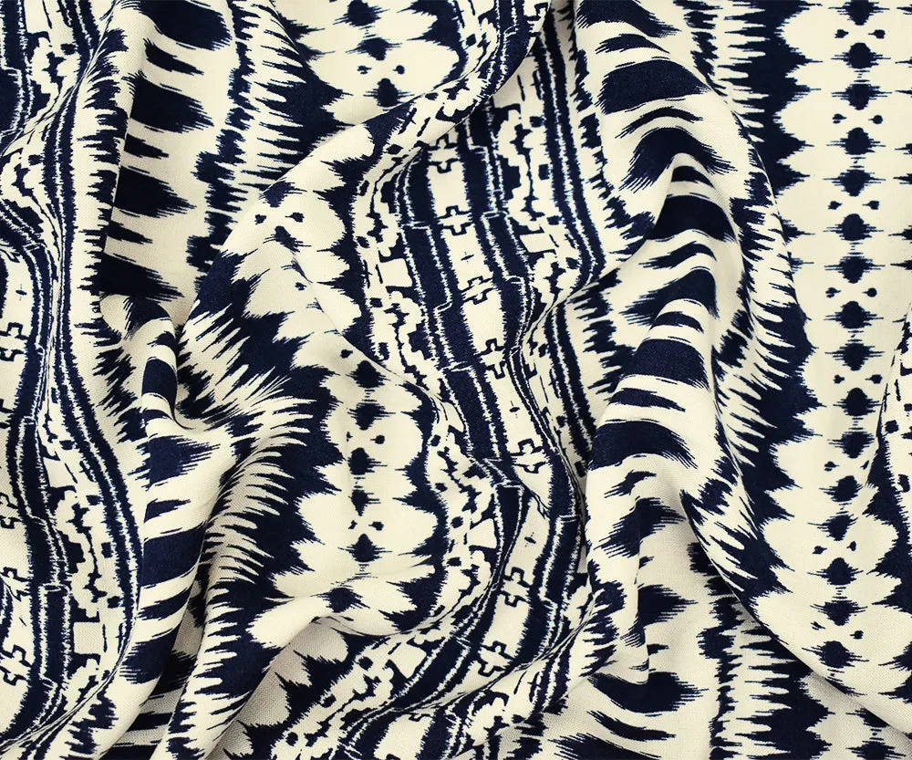 Blue-Ivory Ikat Striped Printed Rayon Challis Woven Fabric