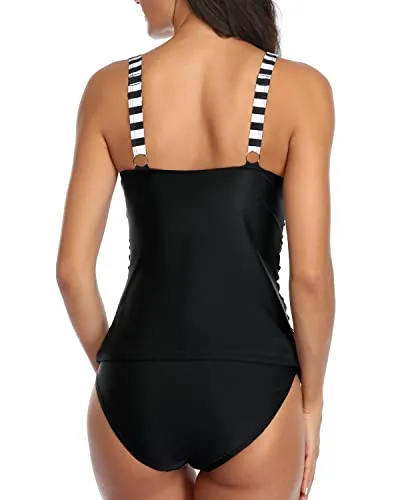 Falbala Ruffle Flounce Tankini Ruched Swimwear For Women-Black And White Stripe