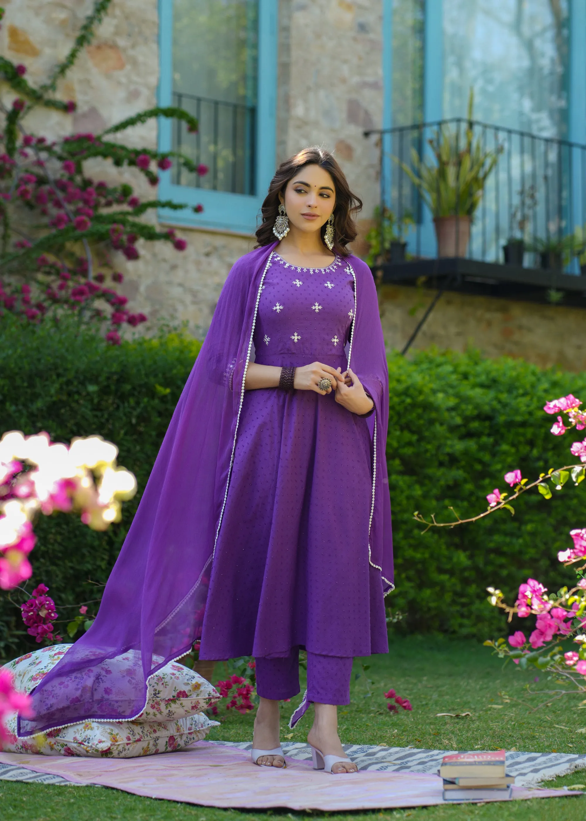 Fiza Purple Cotton Embroidered Suit Set