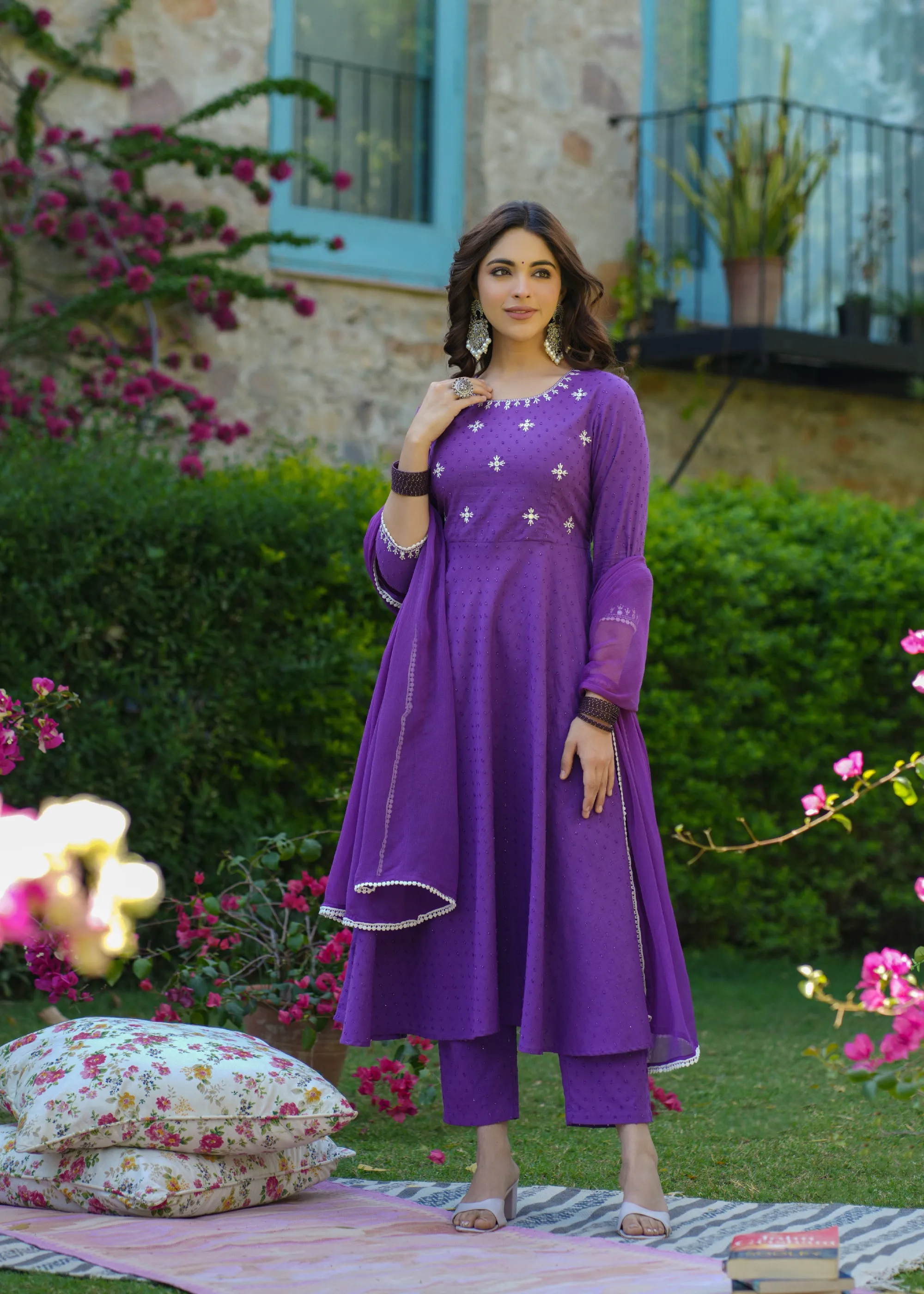 Fiza Purple Cotton Embroidered Suit Set