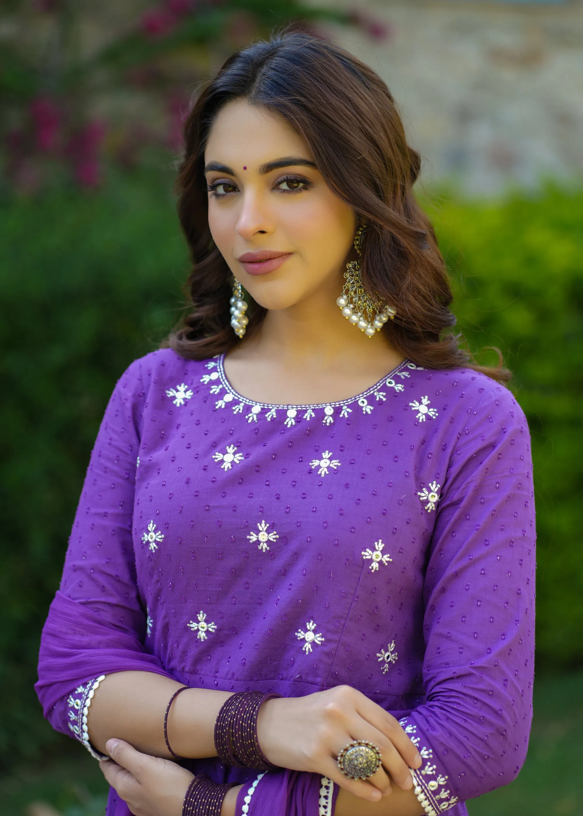 Fiza Purple Cotton Embroidered Suit Set