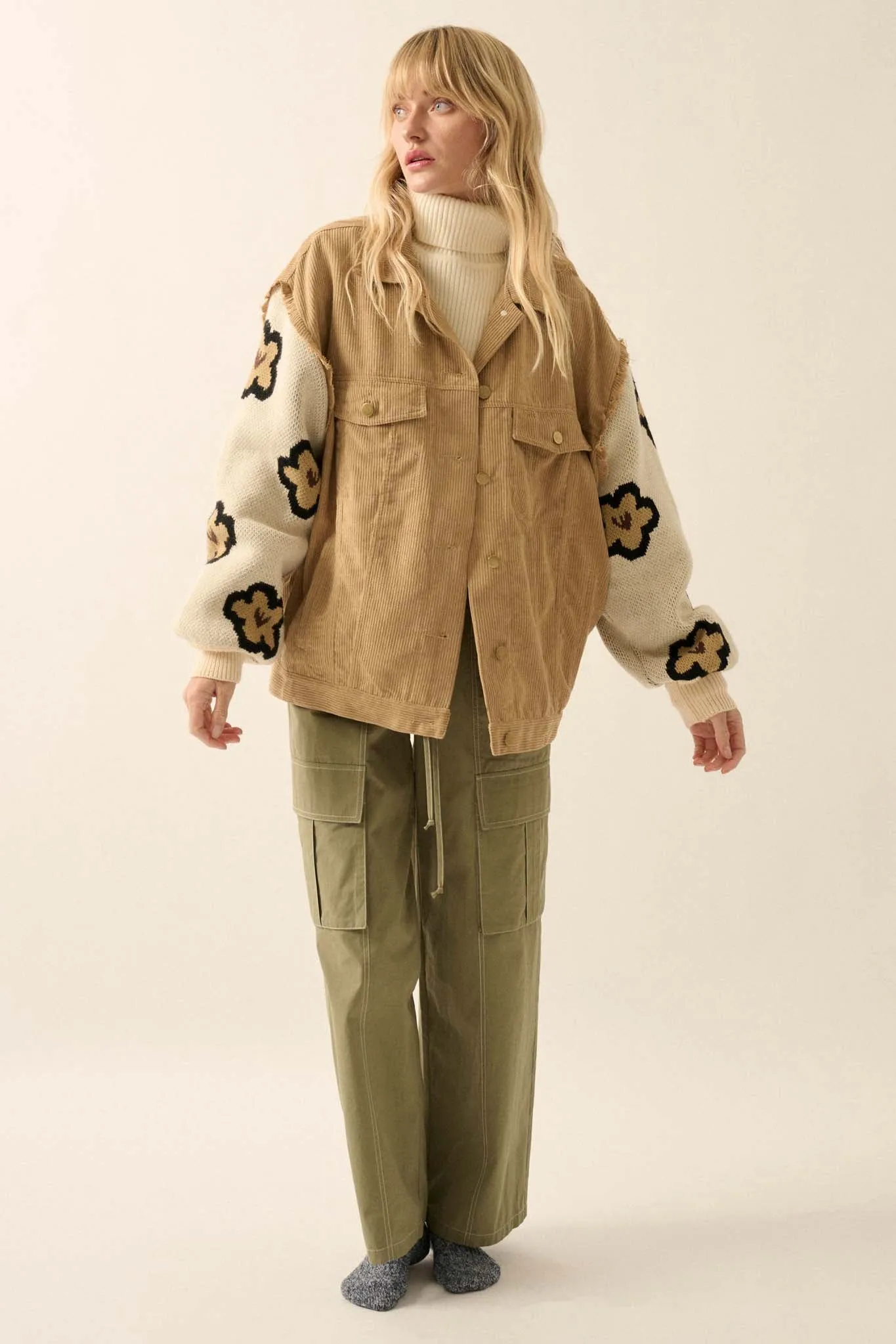 Flower and Furrow Sweater-Sleeve Corduroy Jacket