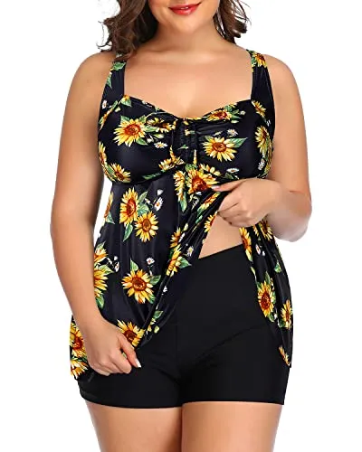 Full Coverage Boyleg Tankini Swimsuits Shorts-Black And Sunflower