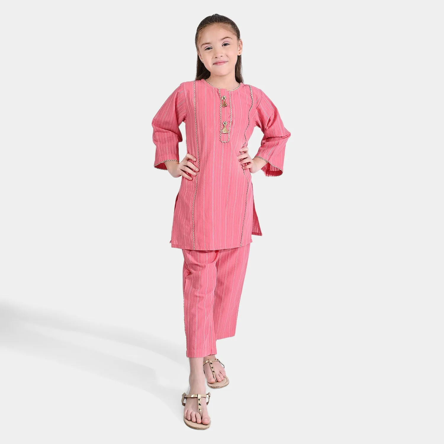 Girls Jacquard 2 Pcs Suit Stripe-Coral