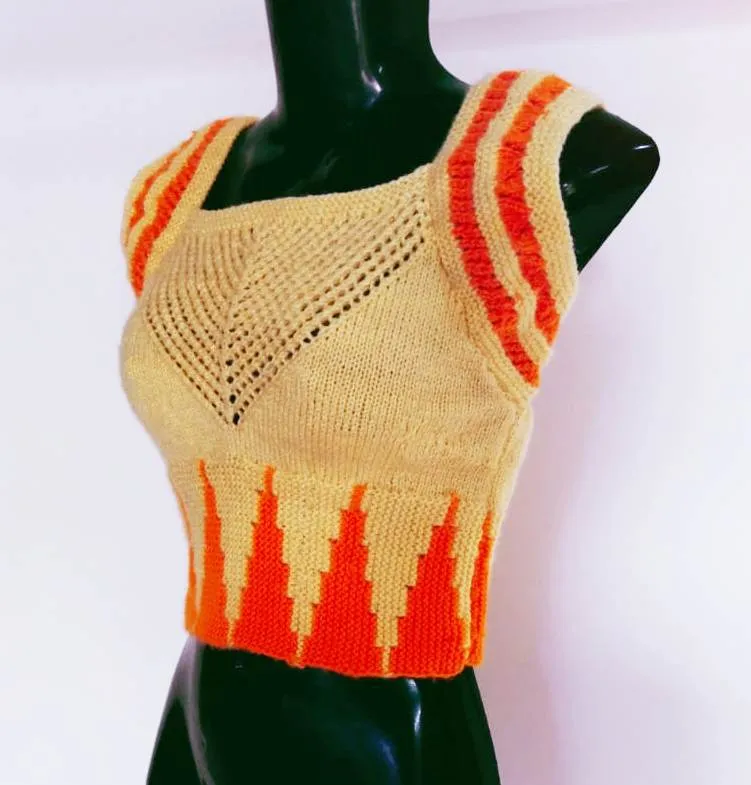 Graminarts Knitted Woolen Orange & Cream Beautiful Square Neck Women Blouse