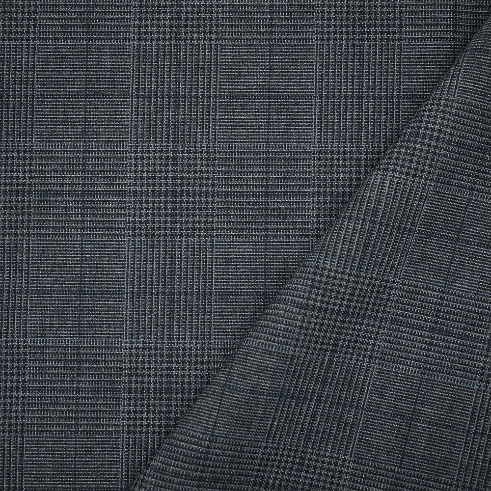 Gray-Blue-Black Polyester Wool Glen Plaid Check Shirting Woven Fabric