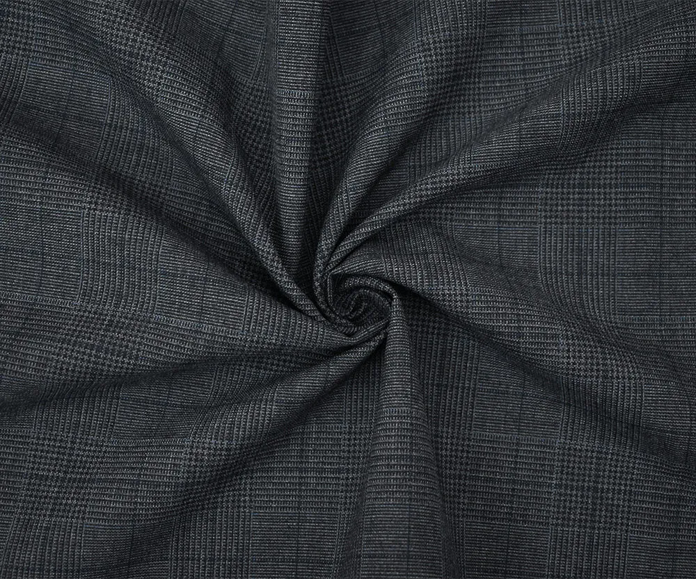 Gray-Blue-Black Polyester Wool Glen Plaid Check Shirting Woven Fabric