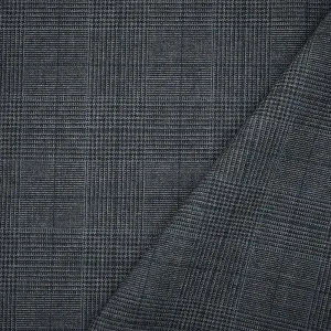 Gray-Blue-Black Polyester Wool Glen Plaid Check Shirting Woven Fabric