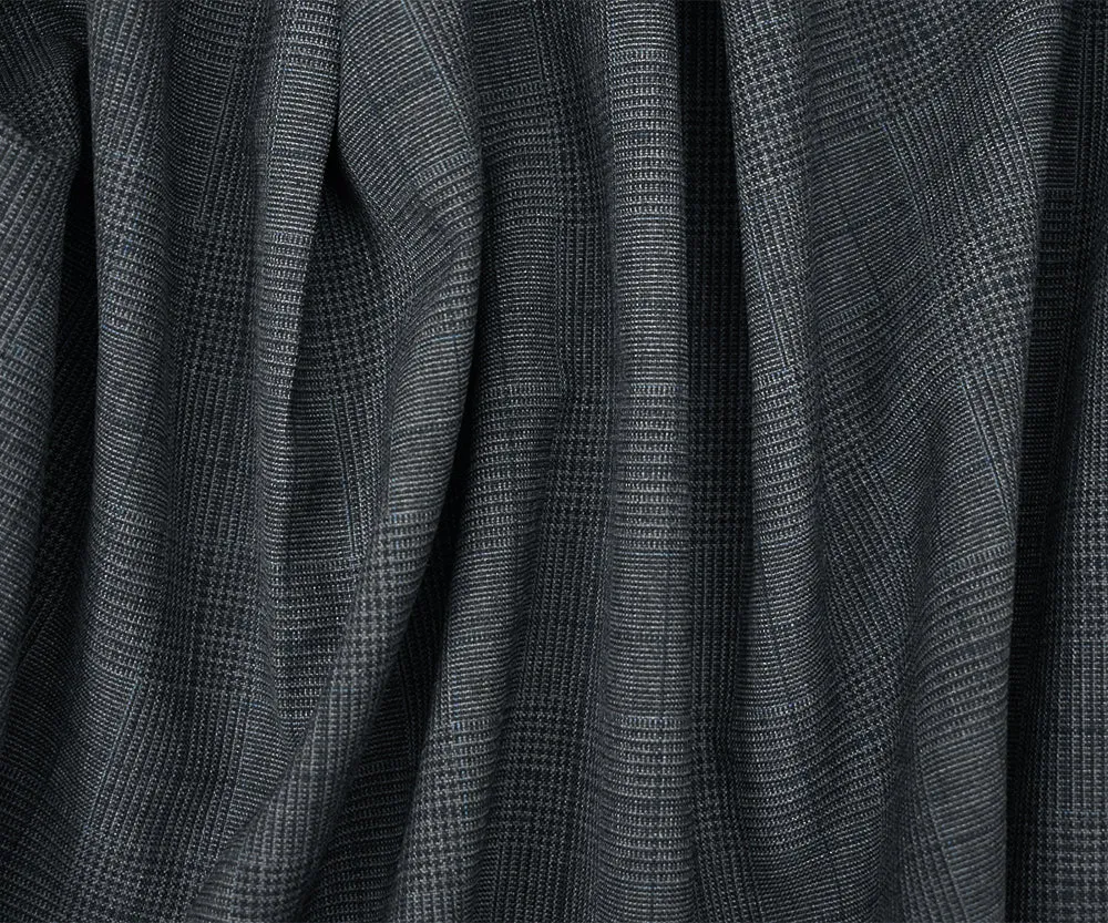 Gray-Blue-Black Polyester Wool Glen Plaid Check Shirting Woven Fabric