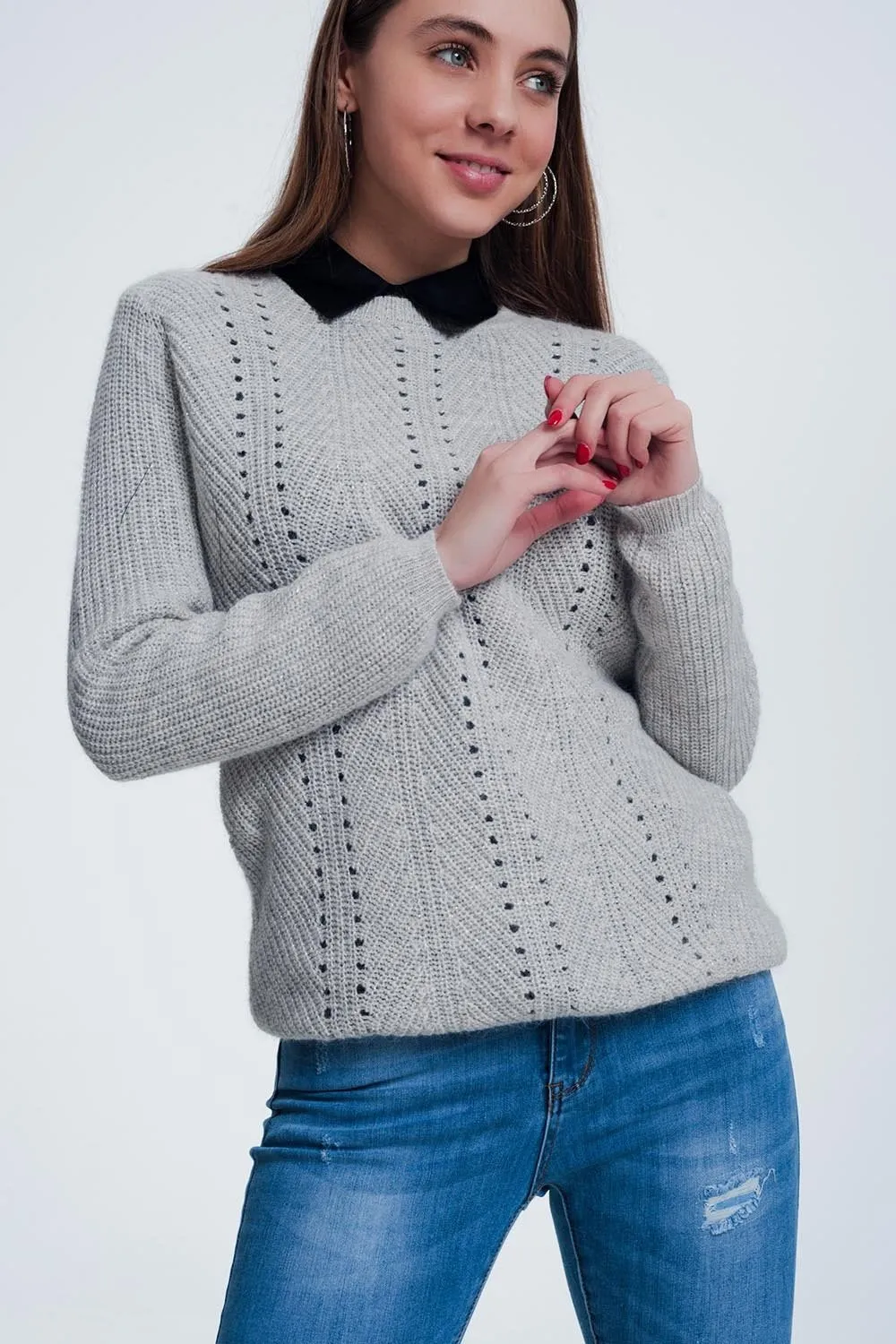 Gray Sweater With Knitted Stripe Detail