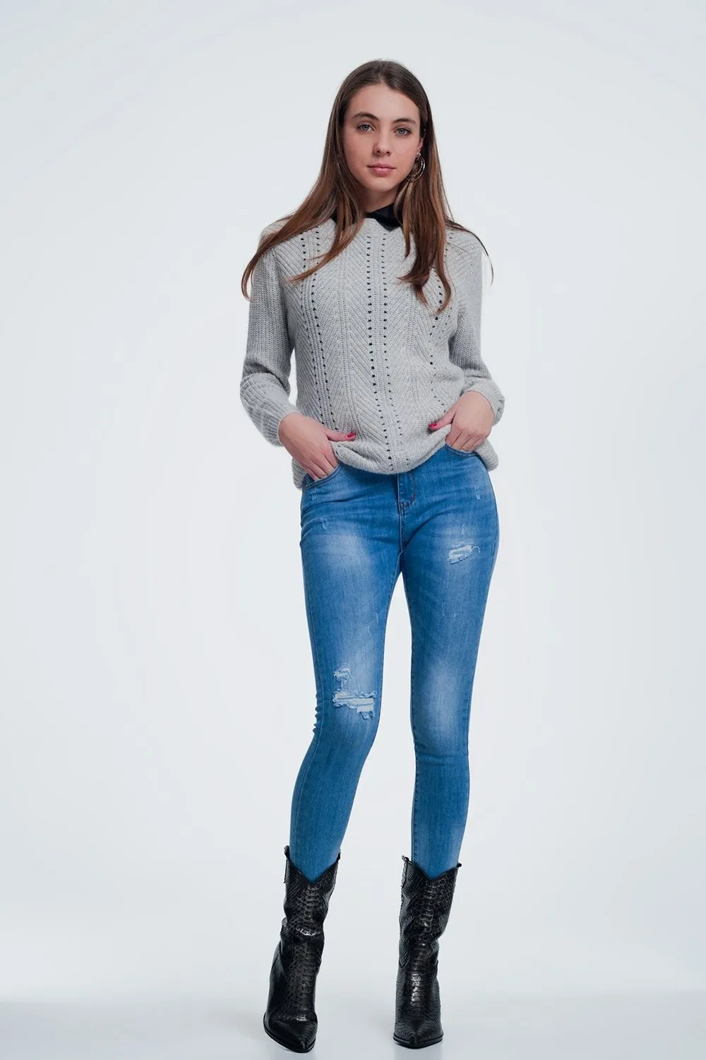 Gray Sweater With Knitted Stripe Detail