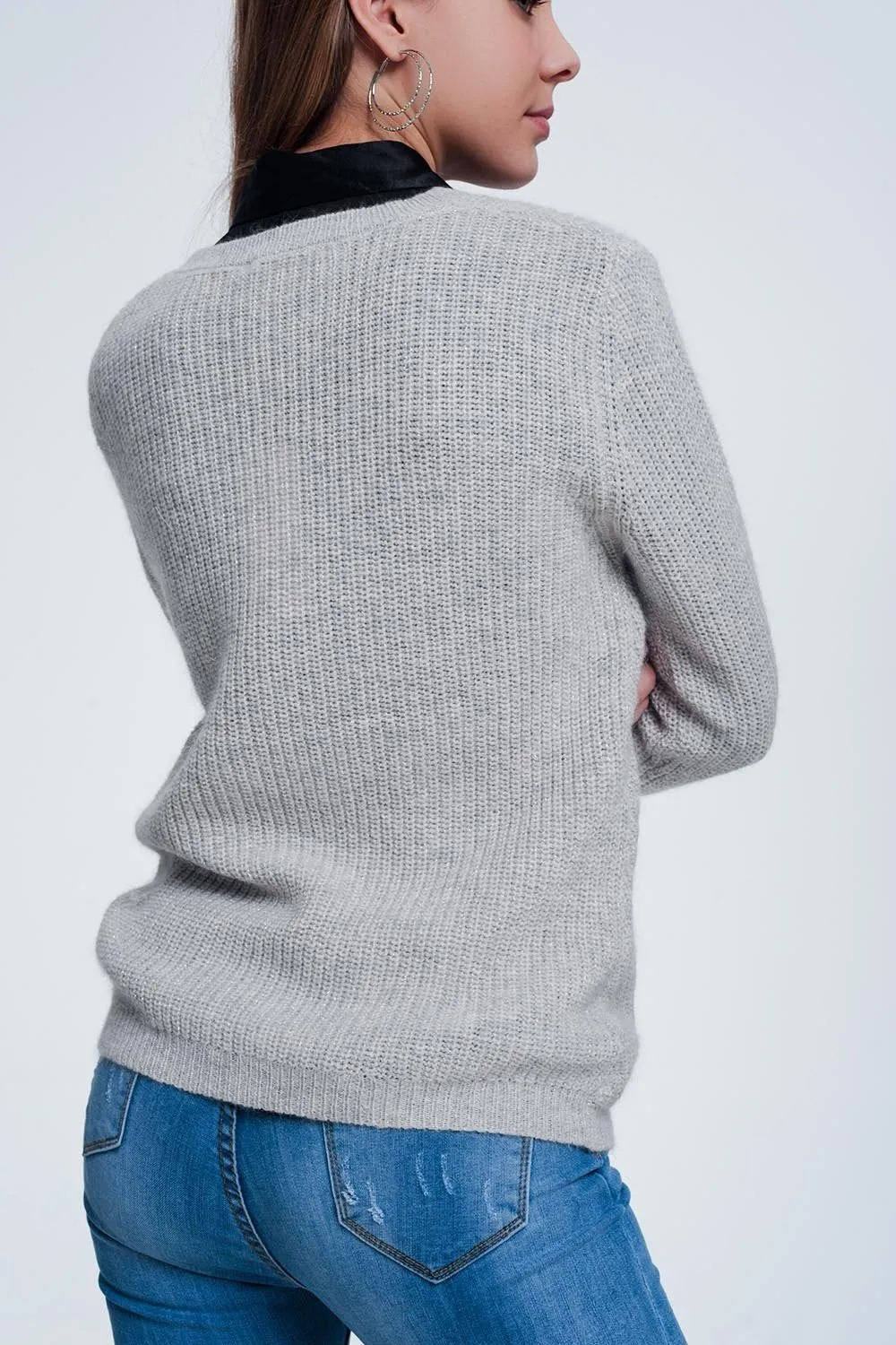 Gray Sweater With Knitted Stripe Detail