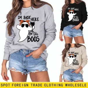 I'm Just Here for Round Neck Loose Casual Ghost Sweater Ladies Long Sleeves.