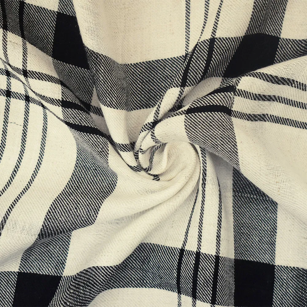 Ivory-Black-White Plaid Printed Rayon Twill Woven Fabric