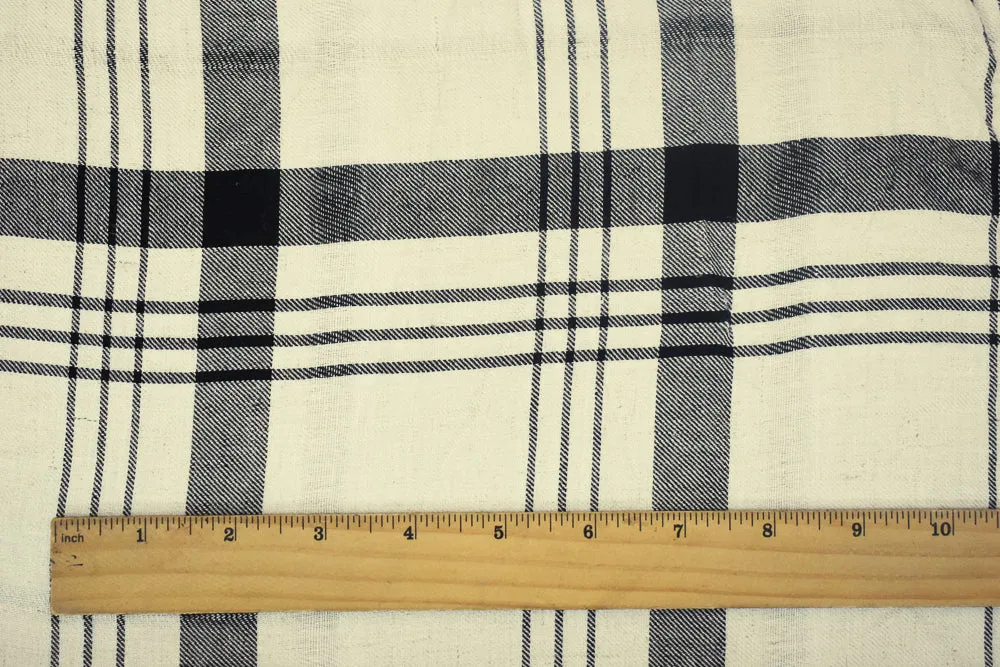 Ivory-Black-White Plaid Printed Rayon Twill Woven Fabric