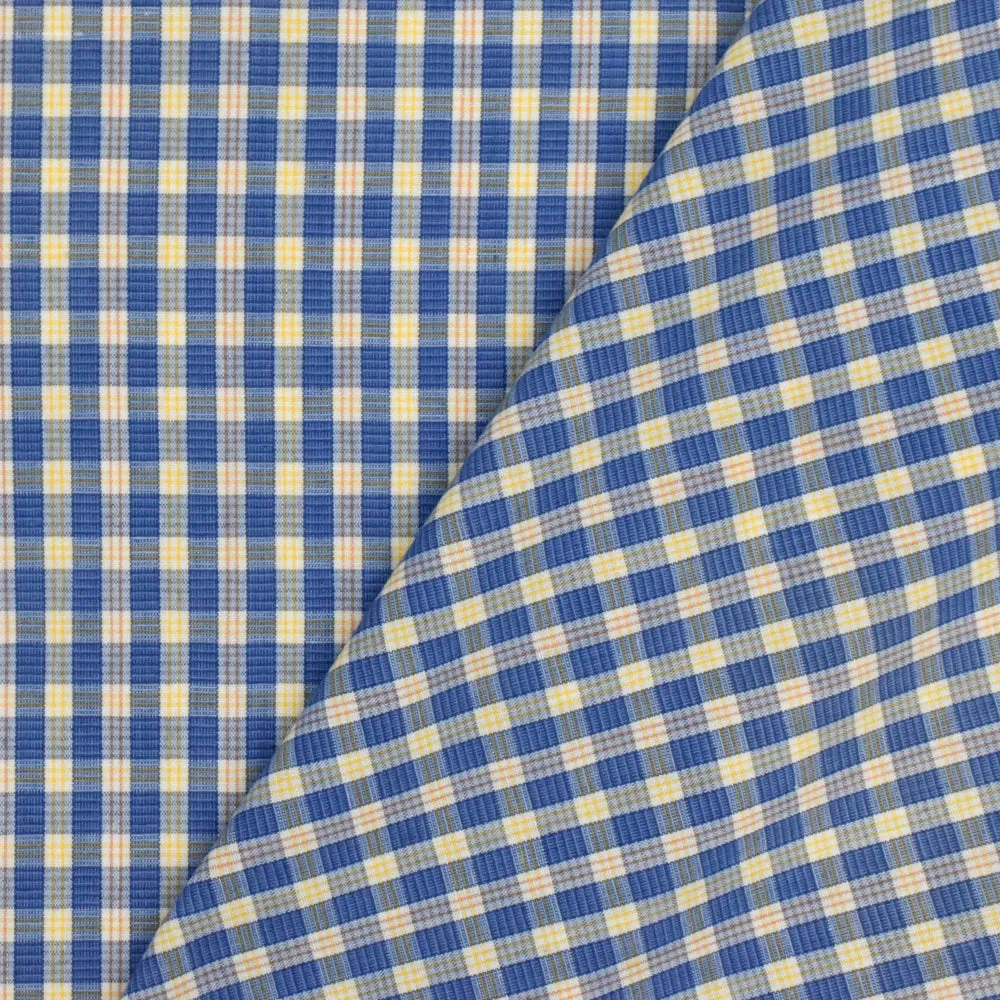 Lake Blue-Yellow-Multi Plaid Cotton Polyester Madras Woven Fabric