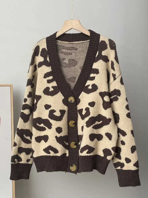 Leopard Print Soft Knitted V-neck Knitted Sweater