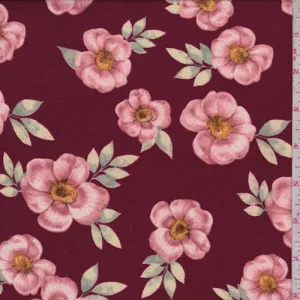 Maroon/Pink Floral Double Brushed Jersey Knit Fabric