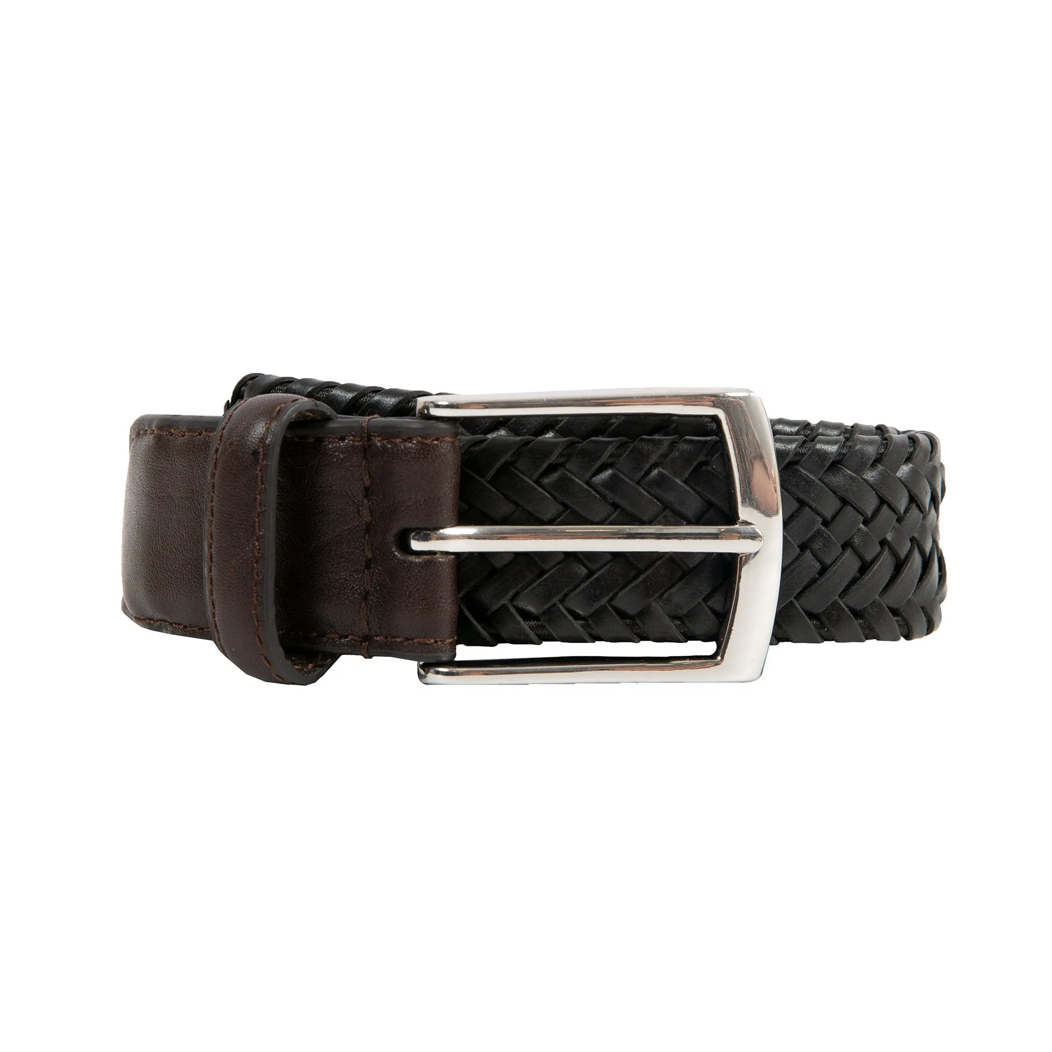 Men's Woven Leather Belt with Satin Nickel Buckle