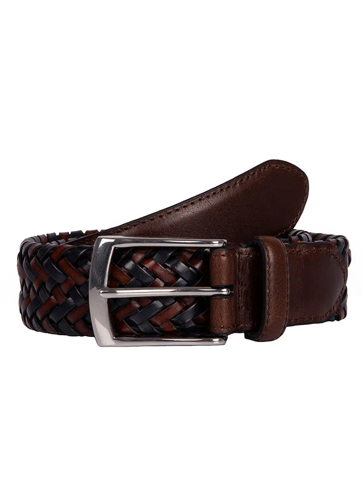 Men's Woven Leather Belt with Satin Nickel Buckle