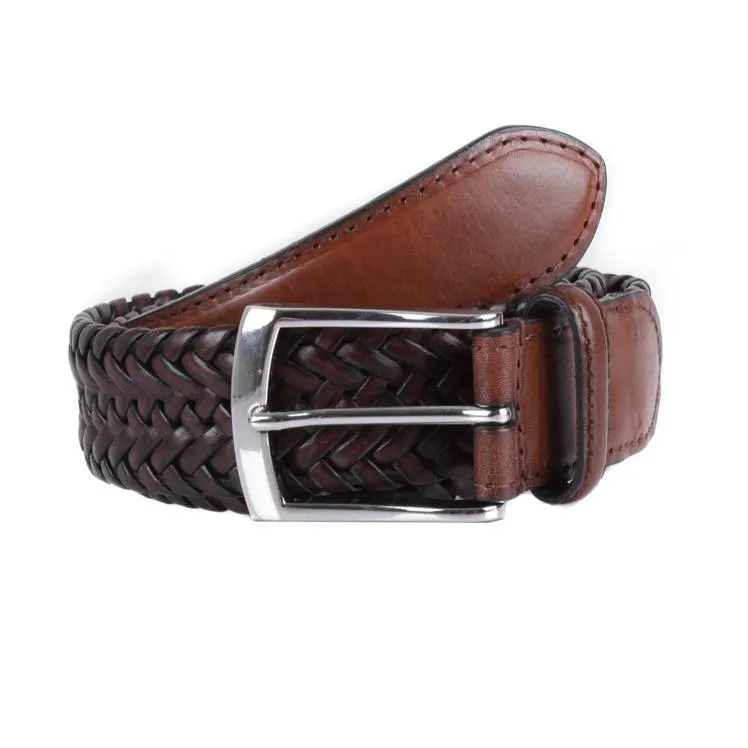 Men's Woven Leather Belt with Satin Nickel Buckle