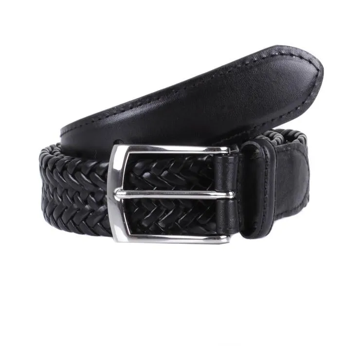 Men's Woven Leather Belt with Satin Nickel Buckle