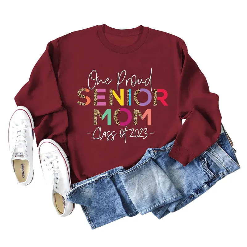 One Proud Senior Mom Leopard Print Letters Round Neck Wide Long-sleeved Large Size Sweater Women