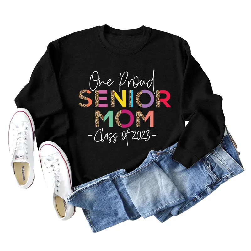 One Proud Senior Mom Leopard Print Letters Round Neck Wide Long-sleeved Large Size Sweater Women