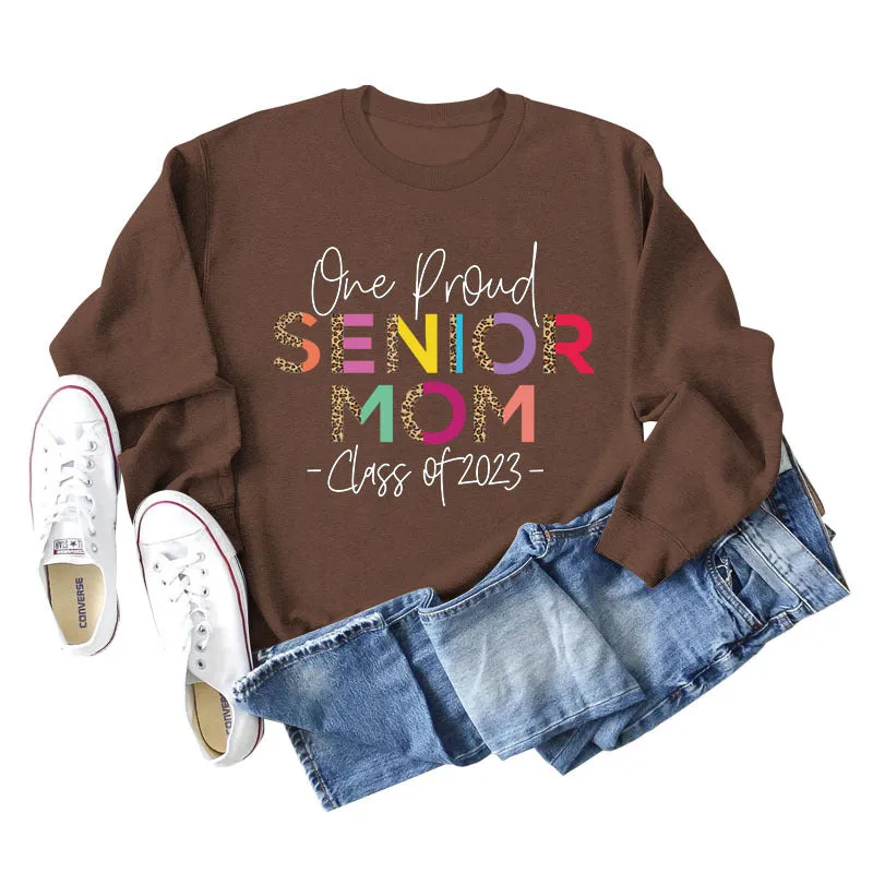 One Proud Senior Mom Leopard Print Letters Round Neck Wide Long-sleeved Large Size Sweater Women